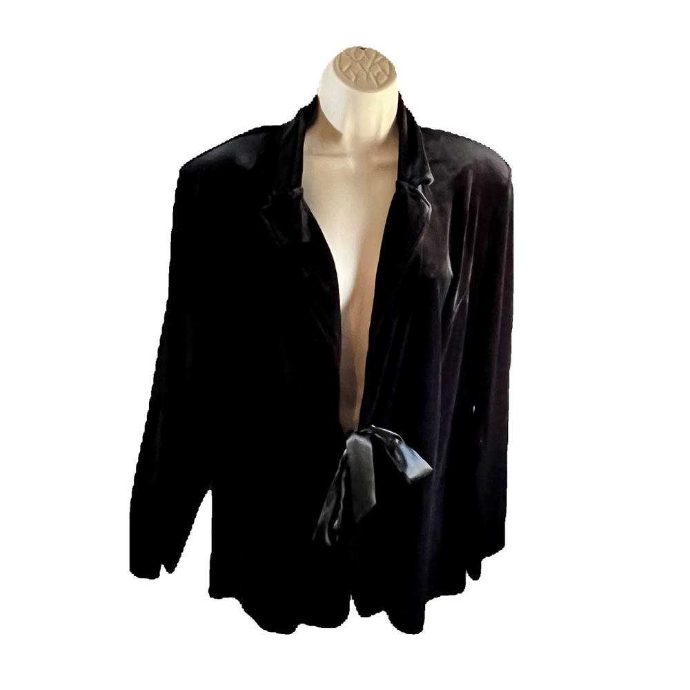 Black velvet like fabric long sleeve cardigan with ribbon front tie closure cute